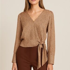 OLM Geometric Wrap Blouse Tie Front‎ Long Sleeve Retro Print Top